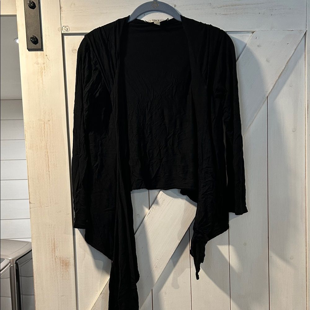 Anne Valerie Hash Viscose Black Draped Open-Front Cardigan Sweater with Hood